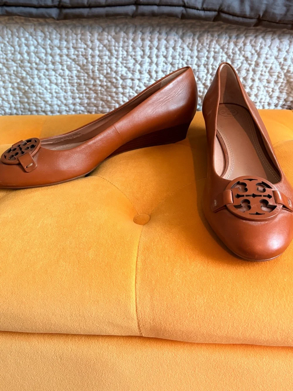 Tory Burch Cognac Leather Wedge Pump with Logo Medallion